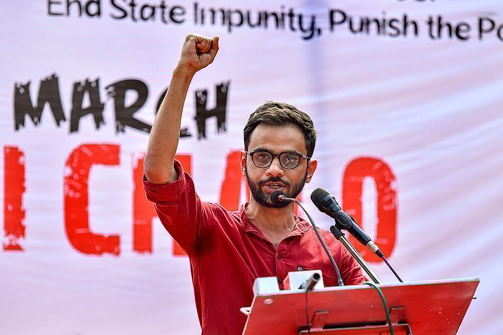 | Photo: PTI/Ravi Choudhary : In this file photo, activist Umar Khalid speaks during a demonstration against Citizenship (Amendment) Act (CAA), National Register of Citizens (NRC) and National Population Register (NPR) at Jantar Mantar, in New Delhi. Delhi court has granted interim bail to 2020 riots accused Umar Khalid to attend his sisters wedding.