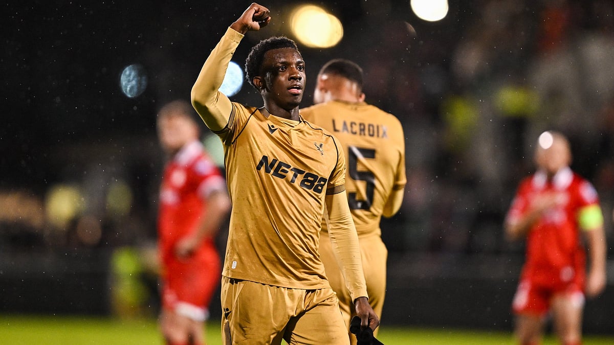 Eddie Nketiah celebrates his goal during the UEFA Conference League match against Shelbourne.