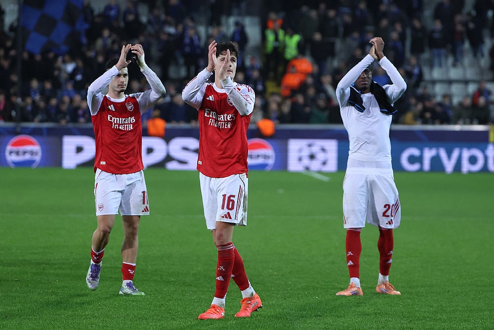 | Photo: AP/Omar Havana : Arsenal players celebrate their win during the Champions League opening phase soccer match between Club Brugge and Arsenal in Bruges, Belgium.
