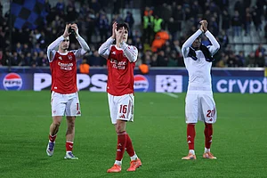 | Photo: AP/Omar Havana : Arsenal players celebrate their win during the Champions League opening phase soccer match between Club Brugge and Arsenal in Bruges, Belgium.