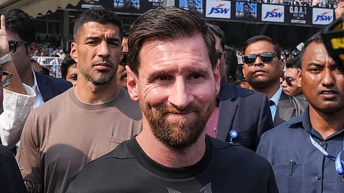 PTI : Argentine footballer Lionel Messi during an event as part of his G.O.A.T. India Tour 2025, at Vivekananda Yuba Bharati Krirangan in Kolkata. Uruguayan footballer Luis Suarez is also seen.