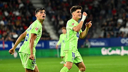 | Photo: AP/Miguel Oses : La Liga 2024-25, Osasuna and Barcelona: Barcelonas Pau Victor celebrates scoring his sides first goal