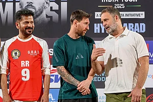 | Photo: AICC via PTI : Leader of Opposition in the Lok Sabha Rahul Gandhi, Telangana Chief Minister Revanth Reddy with Argentine footballer and 2022 FIFA World Cup winning captain Lionel Messi during an event as part of the 'GOAT India Tour 2025', in Hyderabad.