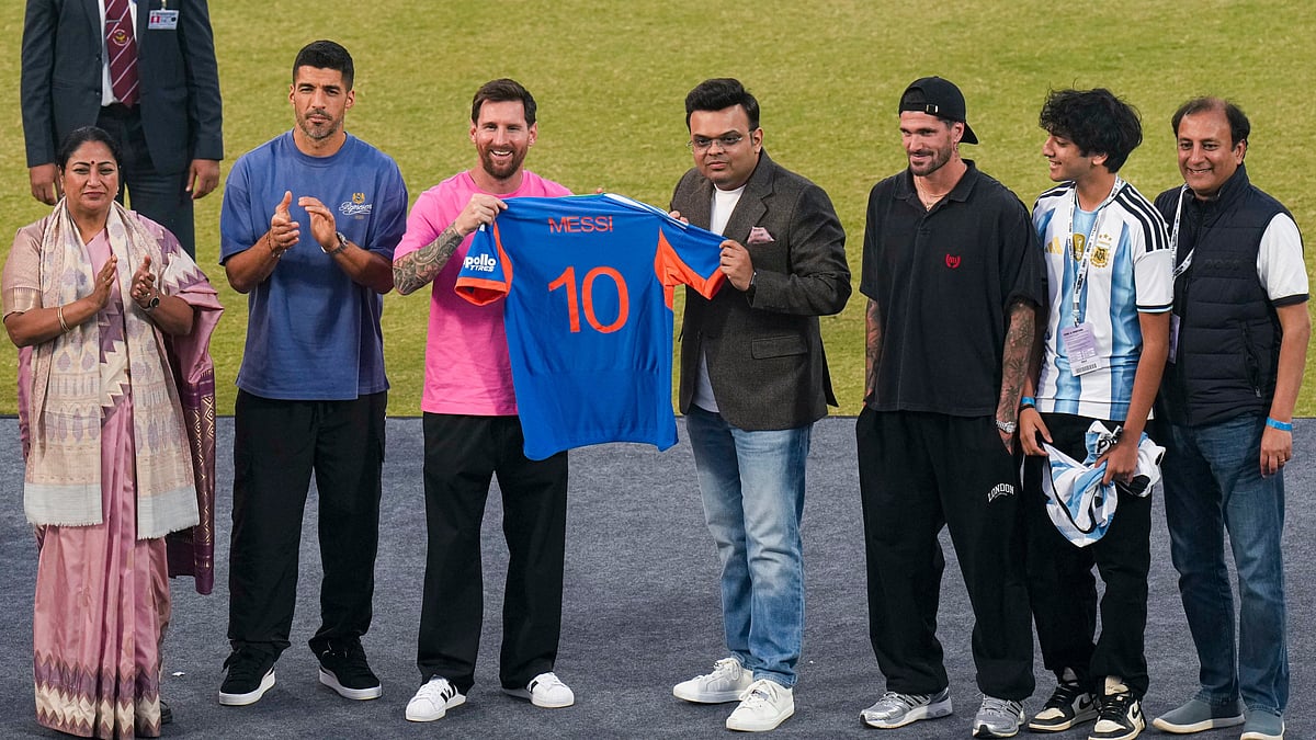 PTI : (From left) Delhi chief minister Rekha Gupta, Uruguayan footballer Luis Suarez, Argentina's Lionel Messi, ICC chairman Jay Shah, Argentina's Rodrigo De Paul and others during the GOAT India Tour 2025, at Arun Jaitley Stadium in New Delhi.