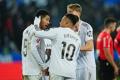 | Photo: AP/Miguel Oses : Real Madrids Kylian Mbappe, centre, celebrates with Jude Bellingham after the Spanish La Liga soccer match between Alaves and Real Madrid in Vitoria-Gasteiz, Spain.