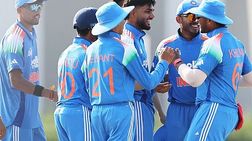 | Photo: X/ACCMedia1 : India U19 players celebrate a wicket during their ACC U19 Asia Cup match against Pakistan on December 14, 2025.
