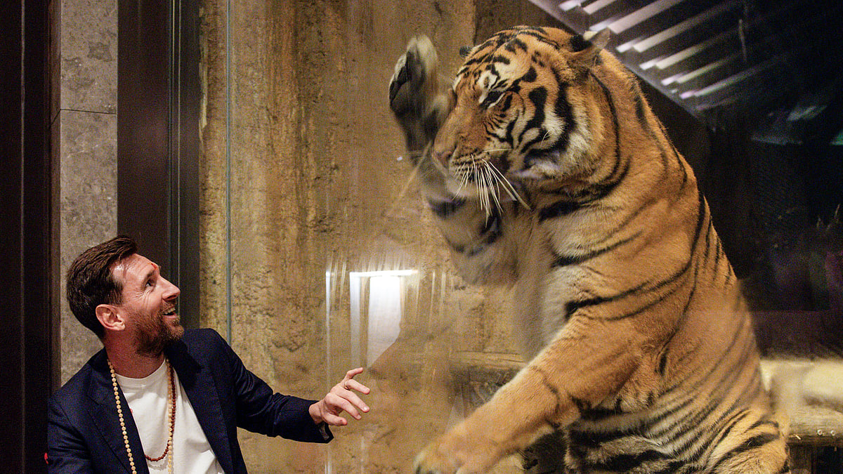 (Vantara via PTI Photo) : Argentine footballer Lionel Messi during a visit at Vantara, a wildlife rescue, rehabilitation and conservation centre, in Jamnagar, Gujarat. 