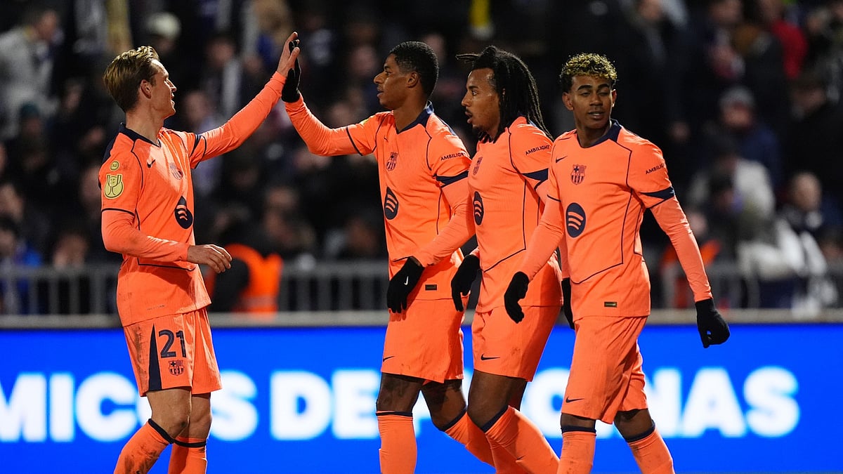 Barcelona celebrate Marcus Rashford's late goal during the Copa del Rey match against Guadalajara on December 16, 2025.
