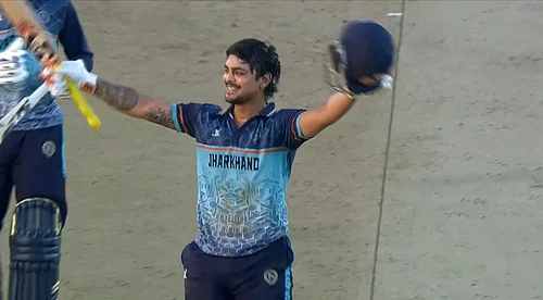 X/BCCI Domestic : Ishan Kishan celebrates his century for Jharkhand against Haryana in the Syed Mushtaq Ali Trophy final.