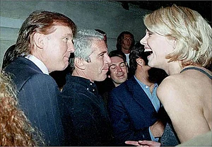 IMAGO / Capital Pictures : Epstein photo release by House Oversight Committee Donald Trump, Jeffrey Epstein and a woman speaking at an undated event