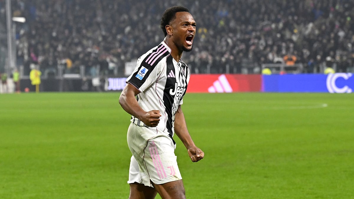 Juventus' Lois Openda celebrates scoring during the Serie A match against Roma on December 20, 2025.
