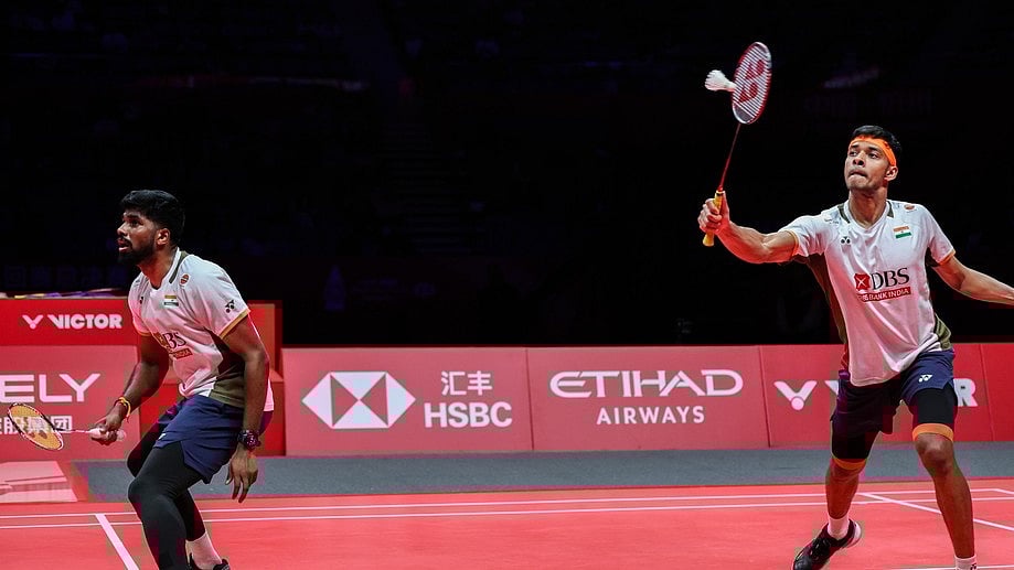 BWF/Badminton Photo : Satwiksairaj Rankireddy and Chirag Shetty in action during their mens doubles semi-final against Chinas Liang Wei Keng and Wang Chang at the BWF World Tour Finals on Saturday (December 20, 2025).