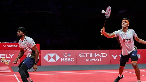 BWF/Badminton Photo : Satwiksairaj Rankireddy and Chirag Shetty in action during their mens doubles semi-final against Chinas Liang Wei Keng and Wang Chang at the BWF World Tour Finals on Saturday (December 20, 2025).