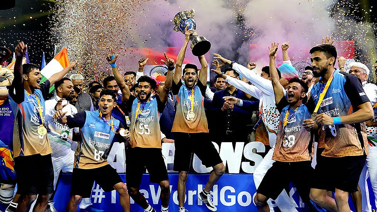File/PTI : The Indian mens team celebrates with the trophy after winning the inaugural Kho Kho World Cup in New Delhi.