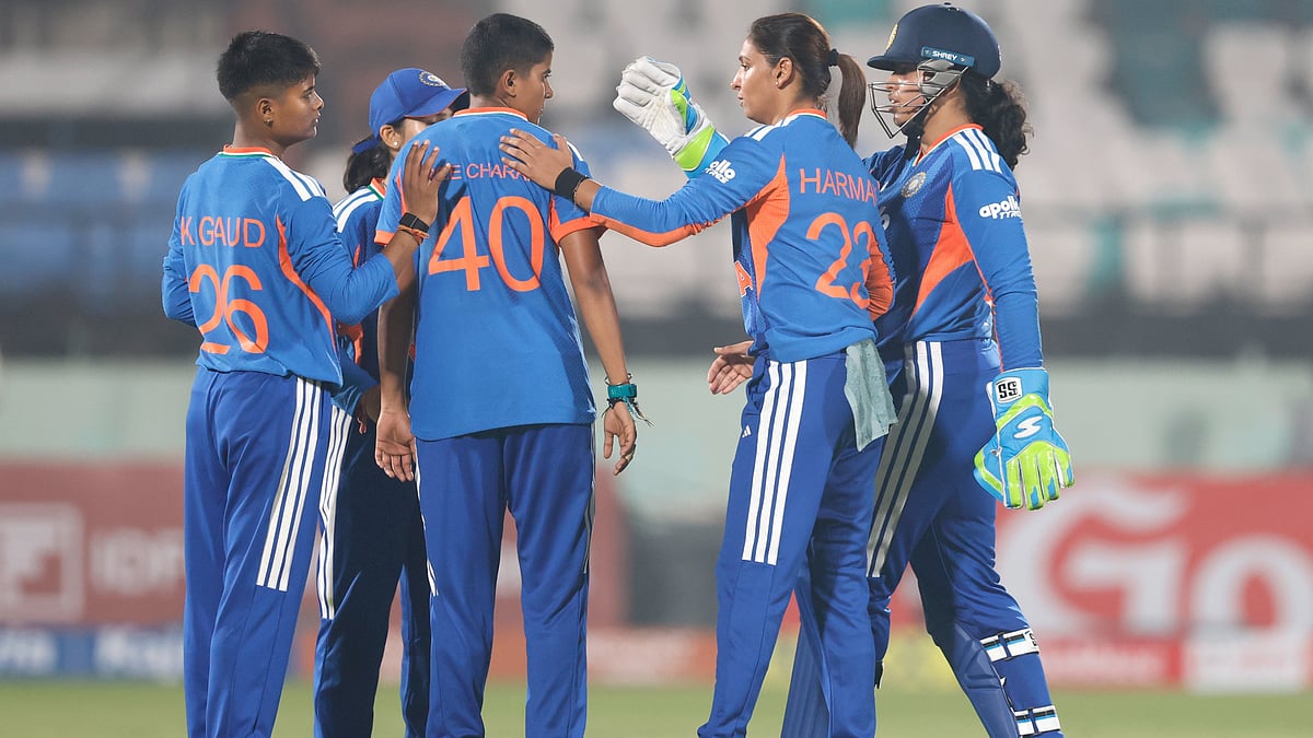 | Photo: X/BCCIWomen : India Womens Kranti Goud celebrates with teammates after a run-out during the first T20I match against Sri Lanka Women on December 21, 2025.