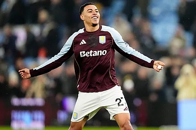 | Photo: Nick Potts/PA via AP : Aston Villas Morgan Rogers celebrates winning the Premier League soccer match between Aston Villa and Manchester United, in Birmingham, England.