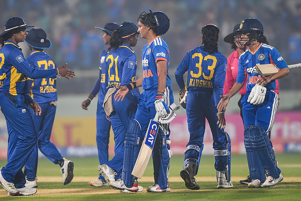 | Photo: PTI : Indias captain Harmanpreet Kaur and Jemimah Rodrigues greet Sri Lankan players at the end of play after India won the Women’s T20I cricket match against Sri Lanka, in Visakhapatnam, Andhra Pradesh.