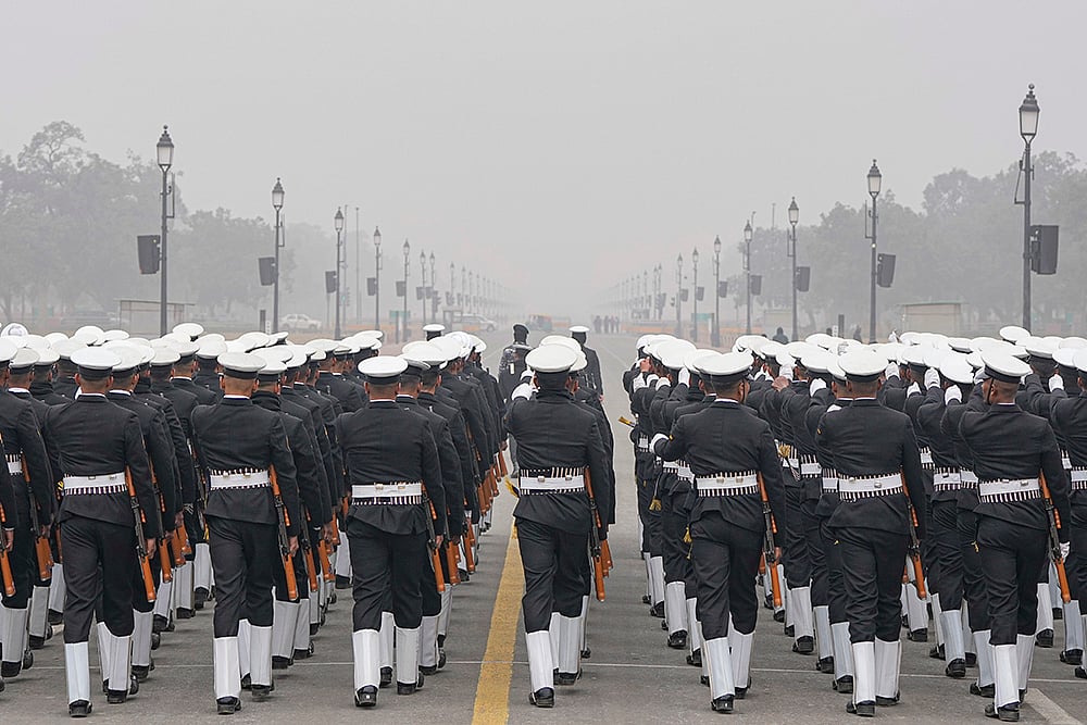 | Photo: PTI/Atul Yadav : Indian Navy officials during a rehearsal ahead of Republic Day, at Kartavya Path in New Delhi.