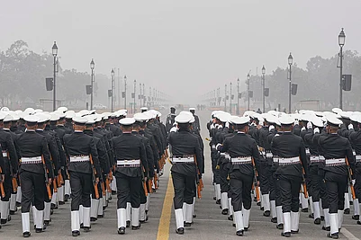 | Photo: PTI/Atul Yadav : Indian Navy officials during a rehearsal ahead of Republic Day, at Kartavya Path in New Delhi.