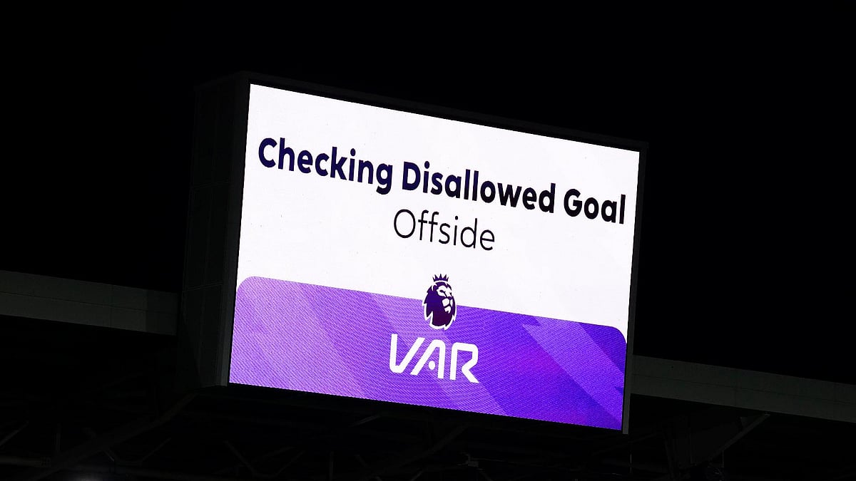 | Photo: PA/Zac Goodwin via AP : File photo of VAR ruling a goal out due to offside in the English Premier League.