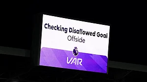 | Photo: PA/Zac Goodwin via AP : File photo of VAR ruling a goal out due to offside in the English Premier League.