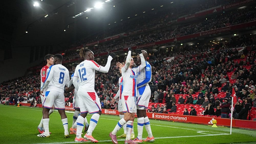 | Photo: AP/Jon Super : Liverpool vs Crystal Palace: Crystal Palace players celebrate after a goal during the English League Cup fourth round soccer match between Liverpool and Crystal Palace in Liverpool, England.