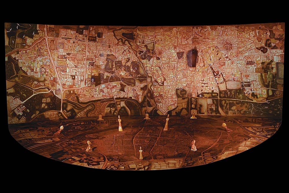 | Courtesy: Vadehra Art Gallery : City Memory, Dreams, Desire, Statues And Ghosts Return Of Hiuen Tsang Artwork by Gulam Mohammed Sheikh