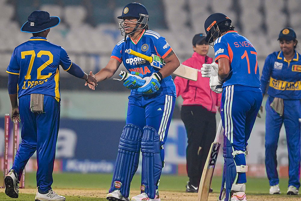 | Photo: PTI : Indias Richa Ghosh and Shafali Verma greet Sri Lankan players after India won the second T20I cricket match against Sri Lanka, in Visakhapatnam, Andhra Pradesh.