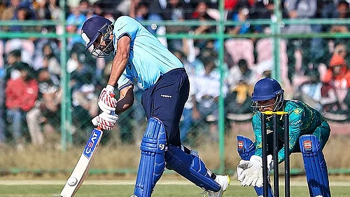 Photo: PTI : Rohit Sharma plays a shot during the Vijay Hazare Trophy 2025-26 match between Mumbai and Sikkim at Sawai Mansingh Stadium in Jaipur.