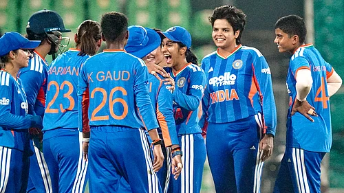 PTI : Indias players celebrate a wicket during the third womens T20 International against Sri Lanka at Greenfield International Stadium in Thiruvananthapuram.