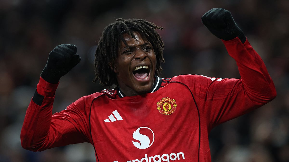 Manchester Uniteds Patrick Dorgu celebrates scoring during the English Premier League match against Newcastle United on December 26, 2025.