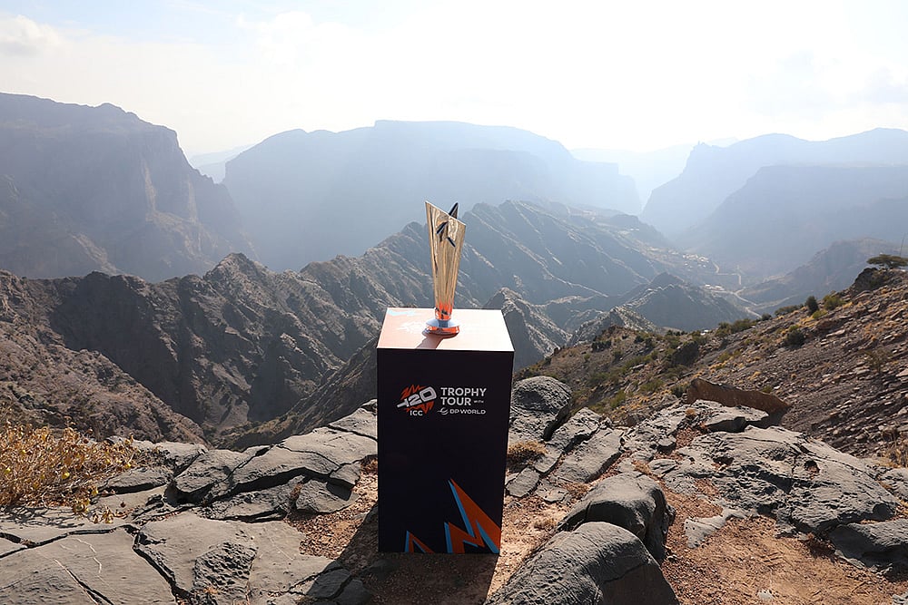 | Photo Credit: Special Arrangement : The ICC Men’s T20 World Cup 2026 trophy at the Jabal Akhdar Viewpoint during the trophy tour in Oman