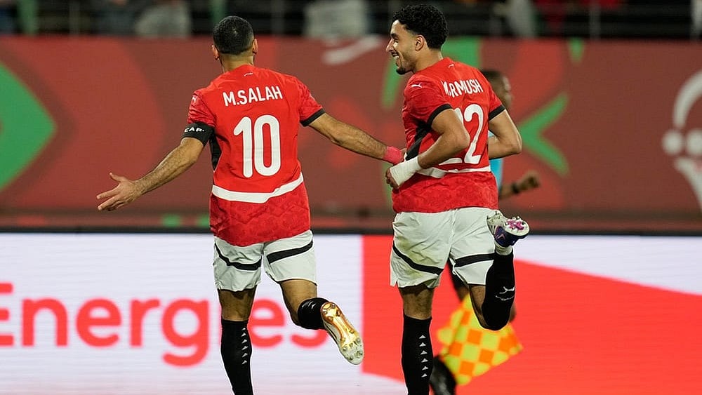 | Photo: AP/Mosa'ab Elshamy : Egypt's Mohamed Salah celebrates after scoring during the Africa Cup of Nations group B soccer match between Egypt and Zimbabwe in Agadir, Morocco.
