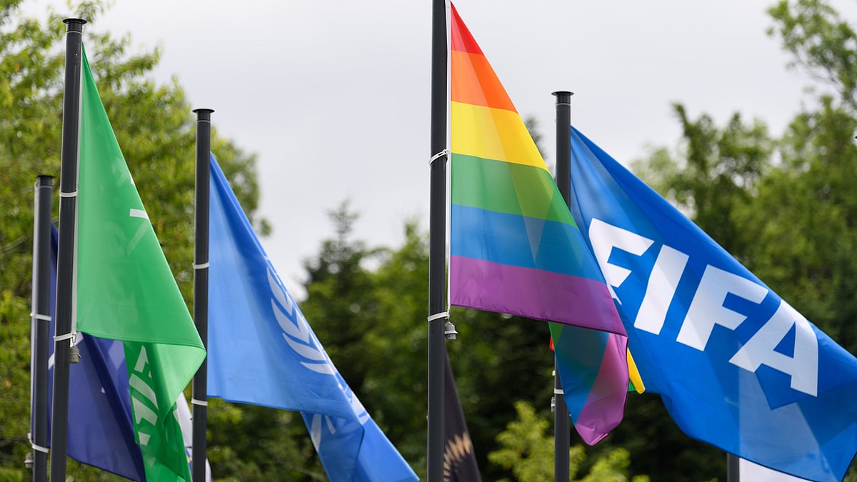 | Photo: X/FIFAcom : File photo of the FIFA and Pride flags flying side-by-side.