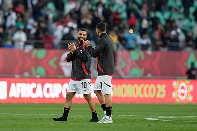 | Photo: AP/Themba Hadebe : Egypts Mohamed Salah and Egypts Trézéguet celebrate after winning the Africa Cup of Nations group B soccer match between Egypt and South Africa in Agadir, Morocco.