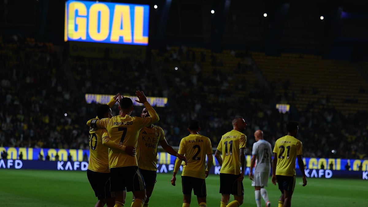 X/@AlNassrFC_EN : Al-Nassr Vs Al-Akhdoud Highlights, Saudi Pro League 2025-26: Ronaldo celebrating his goal.