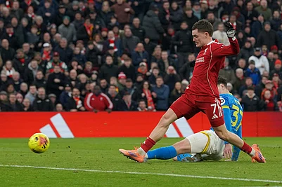 | Photo: AP/Ian Hodgson : Liverpools Florian Wirtz scores his sides second goal during the English Premier League soccer match between Liverpool and Wolverhampton Wanderers in Liverpool.