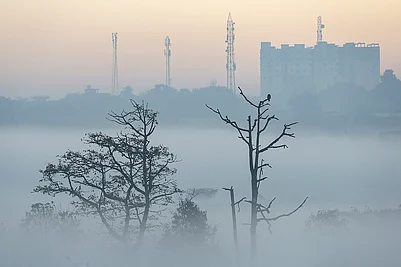 | Photo: PTI : A dense layer of fog shrouds the city area on a cold winter morning, in Ranchi.