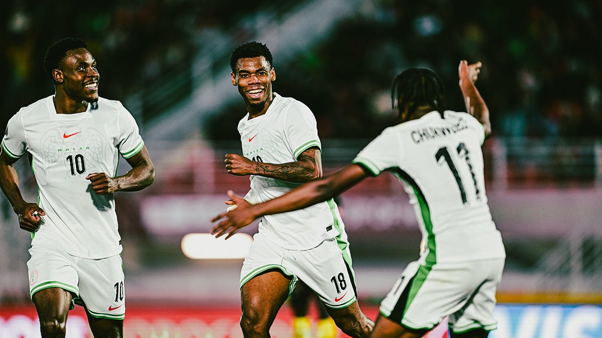 X/@CAF_Online : Uganda Vs Nigeria Highlights, Africa Cup Of Nations 2025: Nigeria players celebrating their win.