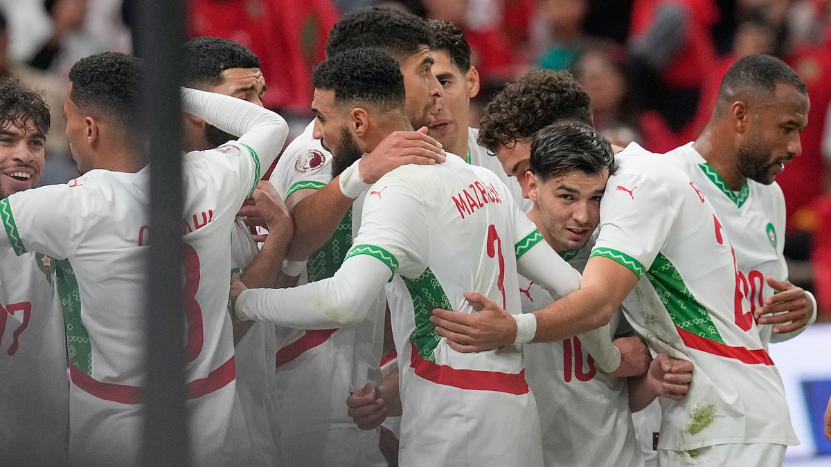 | Photo: AP/Themba Hadebe : Morocco's players celebrate after scoring a goal during the Africa Cup of Nations group A soccer match between Zambia and Morocco in Rabat, Morocco, Monday, Dec. 29, 2025.