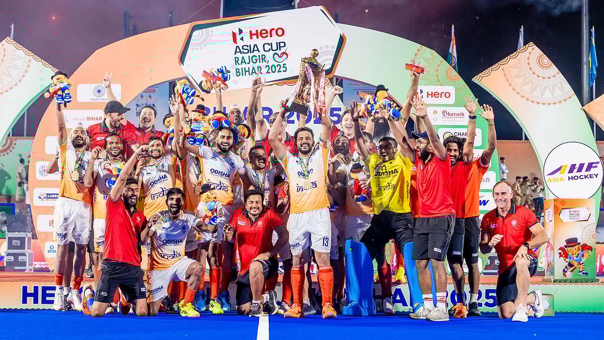 Special Arrangement/Hockey India : Indian Mens Hockey Team after winning the Asia Cup in Rajgir 2025