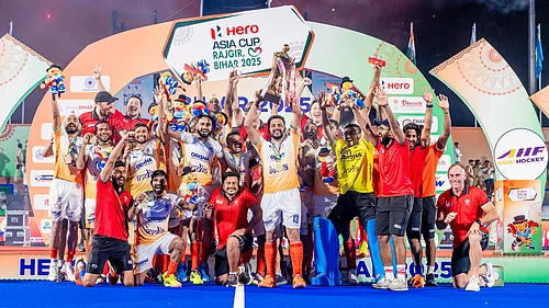 Special Arrangement/Hockey India : Indian Mens Hockey Team after winning the Asia Cup in Rajgir 2025