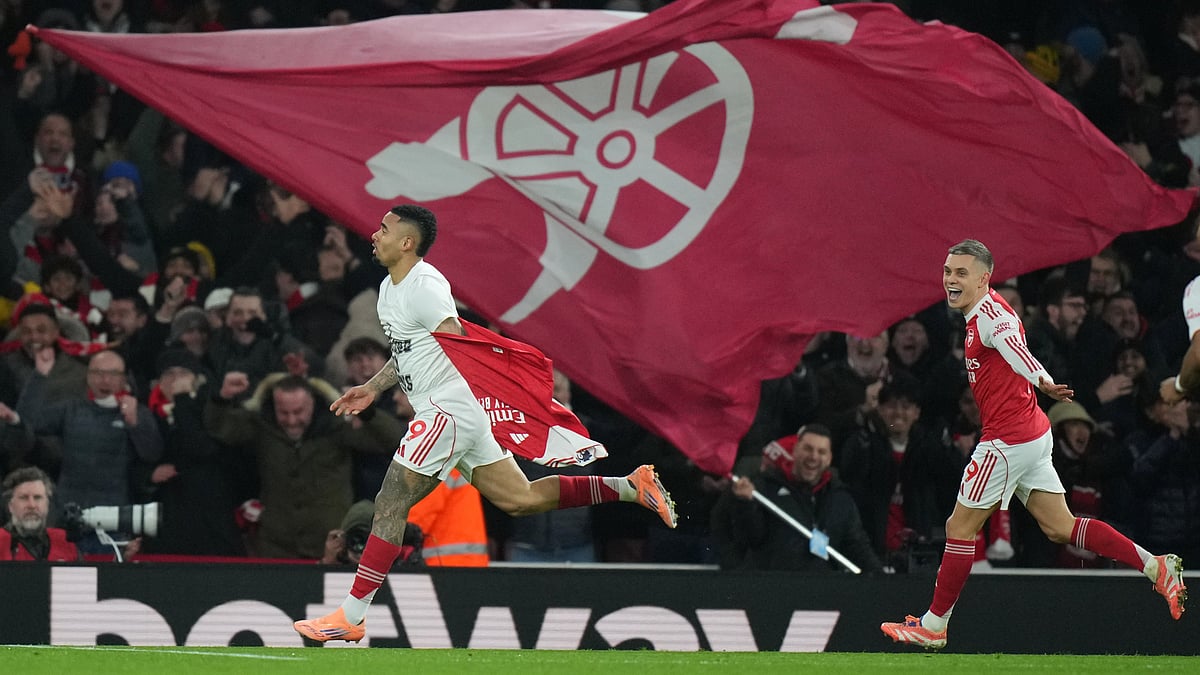 | Photo: AP/Alastair Grant : Arsenal's Gabriel Jesus celebrates after scoring his side's fourth goal during the English Premier League soccer match between Arsenal and Aston Villa in London, Tuesday, Dec. 30, 2025. 