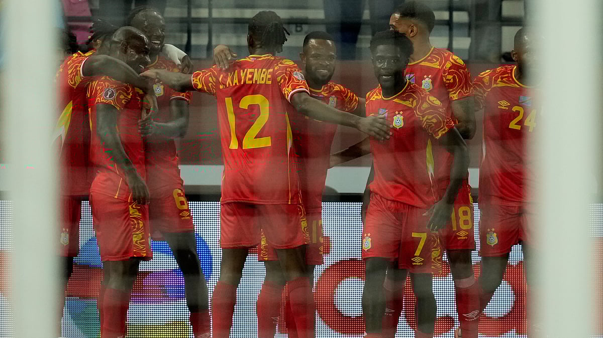 | Photo: AP/Mosa'ab Elshamy : DR Congo's Nathanael Mbuku celebrates with teammates after scoring opening goal during the Africa Cup of Nations group D soccer match between Botswana and DR Congo in Rabat, Morocco, Tuesday, Dec. 30, 2025.
