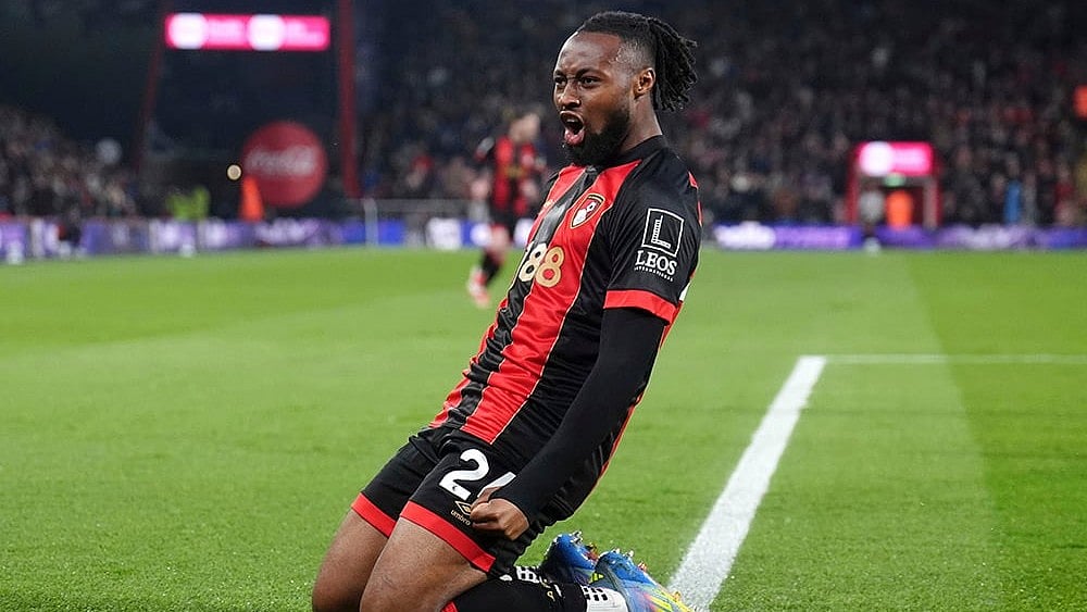 | Photo: John Walton/PA via AP : EPL 2024-25: Bournemouth's Antoine Semenyo celebrates a goal.