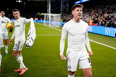 | Photo: Jordan Pettitt/PA via AP : Fulhams Tom Cairney (right) celebrates after scoring his sides first goal during their English Premier League soccer match against Crystal Palace in London.