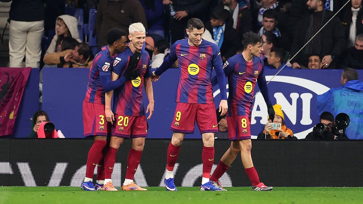 Barcelona players celebrate Dani Olmo's goal during the La Liga match against Espanyol on January 3, 2026.