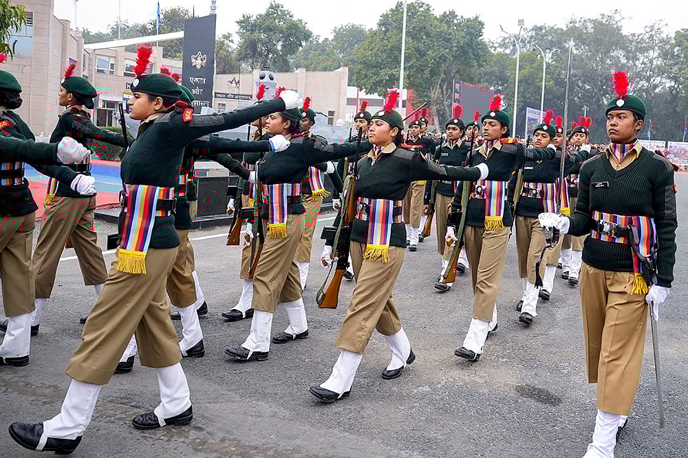 | Photo: PTI/Salman Ali : NCC cadets during Republic Day parade rehearsals at Cariappa Parade Ground, in New Delhi.