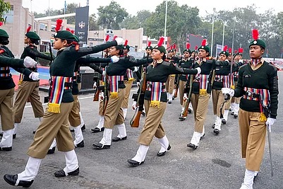 | Photo: PTI/Salman Ali : NCC cadets during Republic Day parade rehearsals at Cariappa Parade Ground, in New Delhi.
