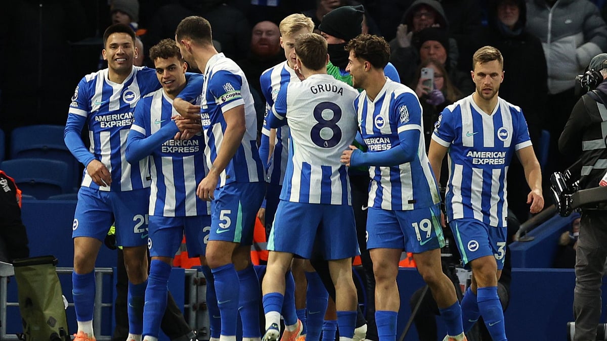 Brighton players celebrate Yasin Ayari's goal during the English Premier League match against Burnley on January 3, 2026.